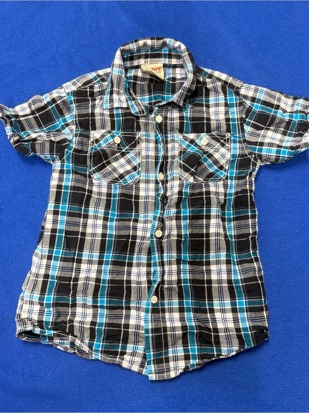 Kids Plaid Button-Up Shirt in Black & Teal smith America L 7
